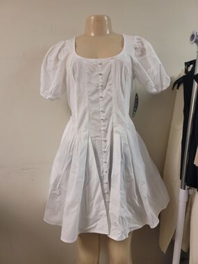 White Puff Sleeve Button-Front Dress